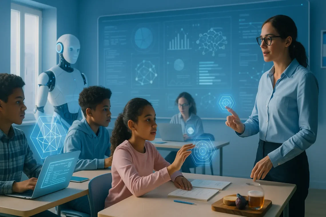 Kelas masa depan dengan siswa menggunakan tablet AR di bawah cahaya biru modern, menggambarkan inovasi pendidikan di FutureCaterham.com.