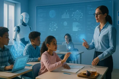 Kelas masa depan dengan siswa menggunakan tablet AR di bawah cahaya biru modern, menggambarkan inovasi pendidikan di FutureCaterham.com.